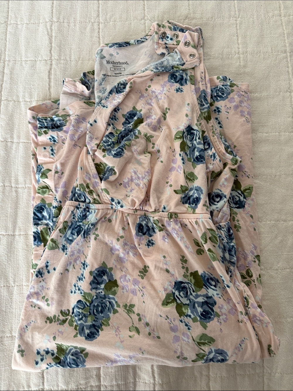 Motherhood Pink Floral Nursing Dress with Blue Rose Print
